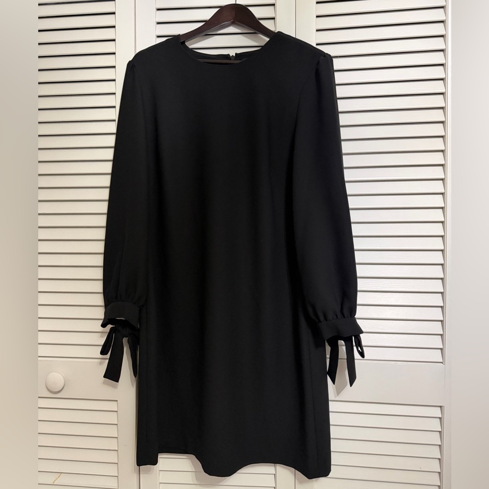 Classic Black Long-Sleeve Shift Dress with Tie Cuffs